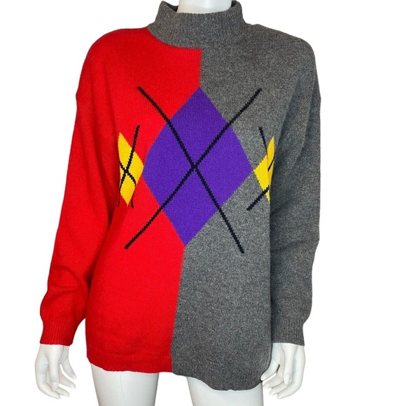 VINTAGE 90’s Argyle Sweater Lambswool Angora‎ Blend Preppy Academia Grandpa M - Picture 3 of 5